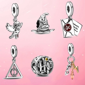 Harry Potter themed S925 silver charm set including Hedwig owl and Deathly Hallows