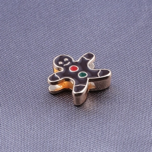 Gingerbread man charm in black enamel and gold finish for 10mm mesh bracelet