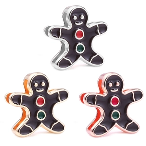 Detailed trio of gingerbread man charms in silver, gold, and rose gold with black enamel