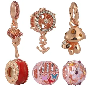 Rose Gold DIY Charms Alloy Zirconia Enamel Rose Anchor Mushroom Butterfly Heart Pendants For Bracelet Jewelry Making