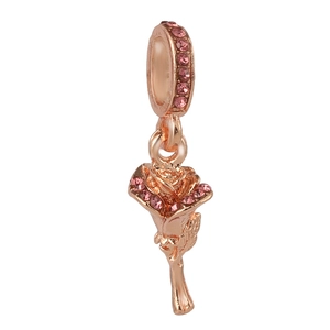 Rose gold flower charm with pink crystals on white background for DIY jewelry making