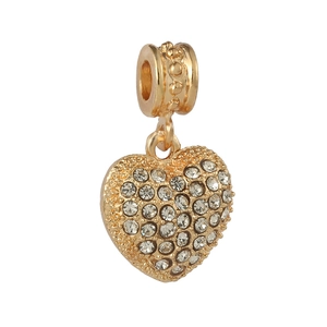 Golden heart charm pendant with sparkling crystals and embossed bead for DIY jewelry