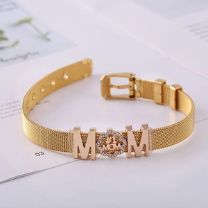 Elegantes goldenes Edelstahlarmband mit Kristall #1 MOM Herz-Blumen-Anhänger für Damen