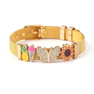 Golden mesh watch-band bracelet with pineapple, ice cream, butterfly, and sunflower charms