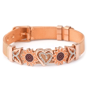 Rose gold mesh band bracelet with sparkling heart charm and sunflower accents for women
