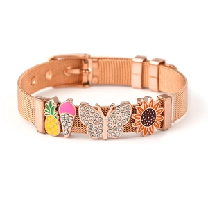 Rose gold stainless steel mesh keeper bracelet with pineapple and sunflower charms