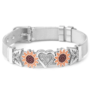 Silver mesh bracelet with sunflower and diamond-set heart charms on a watch-style band