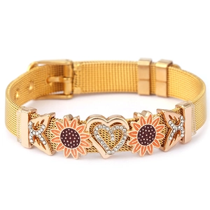 Rose gold mesh watch strap bracelet with sunflower heart charms and crystal butterfly