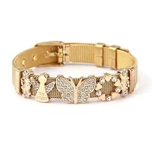 Golden mesh strap bracelet with my angel pendant and rhinestone butterfly charms
