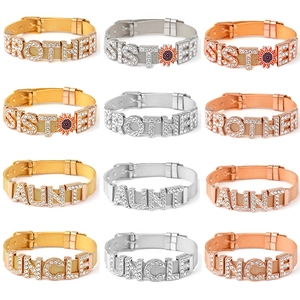 Stainless Steel Mesh Bracelet Personalized Rhinestone Letter Charms Sister Brother Uncle Aunt Adjustable Fashion Jewelry Bracelet