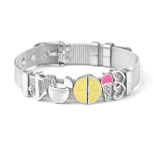 Detail of silver mesh bracelet with anchor, lemon, and ice cream summer charms