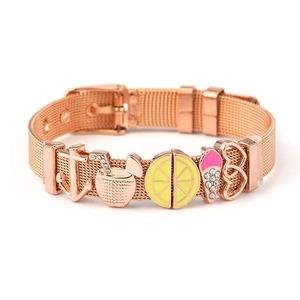 Close-up of rose gold mesh bracelet featuring summer charms like anchor and ice cream