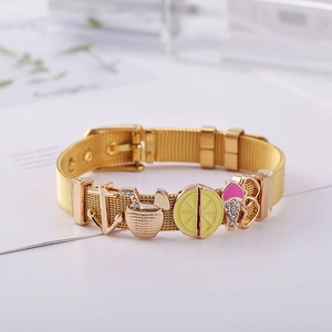 Detail of golden mesh watch band bracelet with colorful enamel summer charms and buckle