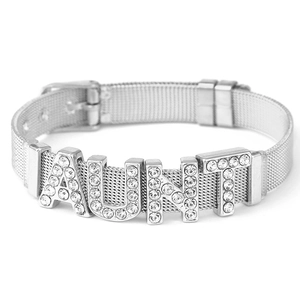 Silver stainless steel mesh bracelet with sparkling rhinestone AUNT letter charms
