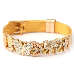 Golden mesh charm bracelet featuring sparkling rhinestone butterflies and a secure buckle