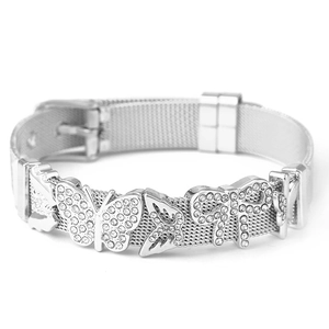 Silver mesh stainless steel bracelet with rhinestone butterfly and bow charms