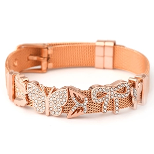 Rose gold mesh bracelet featuring rhinestone butterfly charms and adjustable buckle closure