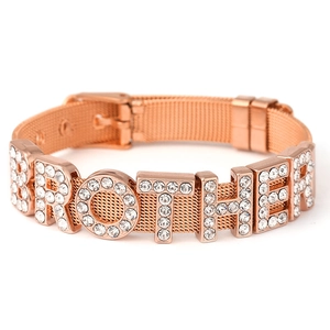 Rose gold mesh bracelet with BROTHER letter charms and sparkling crystal stones