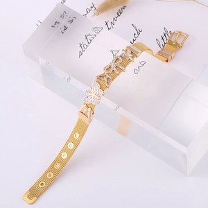 Golden mesh strap bracelet with sparkling crystal butterfly charms and buckle clasp