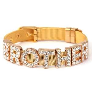 Gold mesh bracelet with white rhinestone BROTHER charm and adjustable needle buckle strap