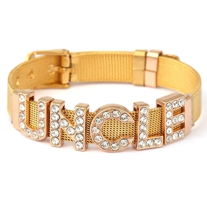 Golden mesh strap bracelet with UNCLE crystal lettering and watch band buckle style