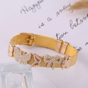Gold mesh watch band bracelet with crystal butterfly charms and adjustable buckle