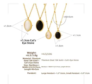 Detail view of oval cat's eye stone pendants with 18K gold plated titanium steel chain specs