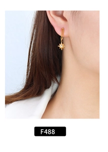 Macro shot of 18K gold plated North Star drop earrings with zircon on female model