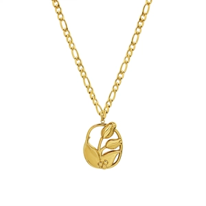 Collar vintage francés de acero inoxidable chapado en oro de 18k con colgante de tulipán