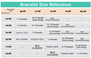 Size guide for snake chain bracelets showing length versus wrist size and bead count