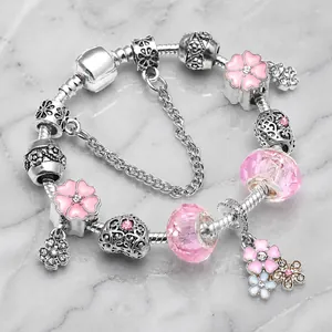 Bracelet Perlé Doux en Alliage Plaqué Argent pour Femme Mode Romantique Émail Floral Cœur Charm Chaîne Serpent Avec Strass