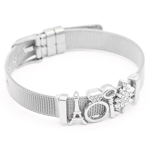 Silver stainless steel mesh bracelet featuring Eiffel Tower and snowflake charms