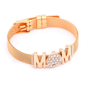 Rose gold mesh bracelet with sparkling MOM rhinestone charm and buckle closure