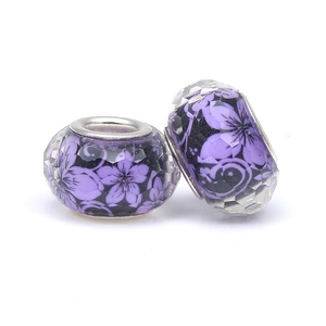 DIY charm bracelet beads with purple floral pattern facets and silver metal core