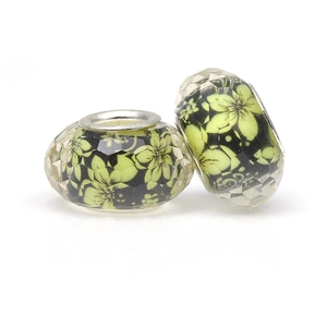 DIY faceted crystal bead with yellow-green floral pattern and large metal silver core hole