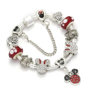 Bracelet Charme Dessin Animé en Alliage Plaqué Argent pour Femme Pendentif Cœur Nœud Émail DIY Perles Chaîne Serpent Bijoux