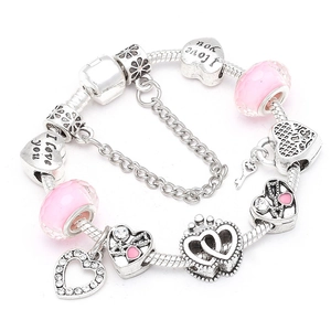 Bracciale da Donna con Ciondolo a Cuore in Lega di Argento Sterling 925 Perline di Vetro Rosa Strass Ciondolo Corona Gioielli per San Valentino