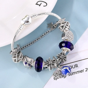 Vintage silver snake chain bracelet with blue crystals and bridesmaid heart charm