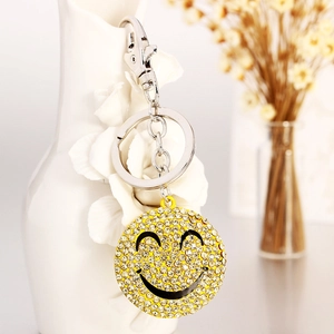 Fashion Alloy Rhinestone Smiley Face Keychain Sparkling Yellow Smile Bag Pendant Accessory For Women Men Key Ring