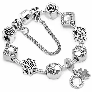 Silver Plated Copper Charm Bracelet Clover Rose Heart Horseshoe Pendants Zirconia Enamel DIY Snake Chain Jewelry For Women