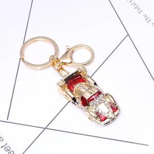 Luxury Gold Alloy Sport Car Keychain Sparkling Rhinestone Red Enamel Racing Car Key Ring Purse Bag Charm Decoration Gift