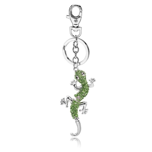 Silver alloy gecko keychain with green rhinestones and polished lobster clasp