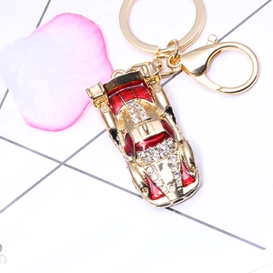 Exquisite gold and red sports car alloy keychain with sparkling crystals and lobster clasp