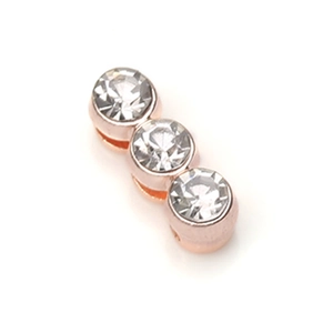 Three-stone rose gold bracelet charm with round white cubic zirconia inlay detail