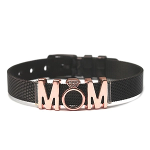 Elegant black stainless steel mesh bracelet featuring a rose gold MOM charm with crystals