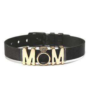 Black stainless steel mesh bracelet with golden MOM letter charm and crystal accent
