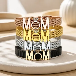 Stainless Steel Mesh Belt Bracelet With Rhinestone Inlaid MOM Letter Ring Charm Adjustable Mesh Chain Jewelry For Mother Day