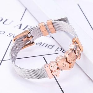 Edelstahl-Netzarmband in Silber mit roségoldenen Best Friend Herzanhängern und Schnalle