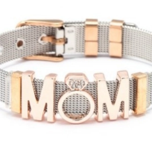 Minimalist silver stainless steel mesh bracelet with rose gold MOM charm and crystals