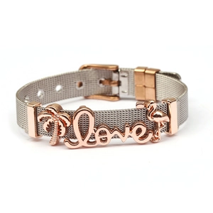 Silbernes Edelstahl-Mesh-Armband mit roségoldenem Love-Schriftzug und Tropen-Anhängern